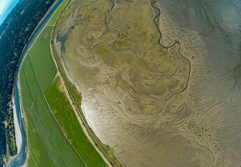 Stock aerial photo of tidal flats at Boundary Bay Crescent Beach, BC, Canada