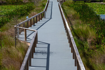 A long grey modern metal walkway or path with aluminum railing on the sides. The walkway is among water and an artificial ecosystem of grass as a wastewater filtration center farm.  