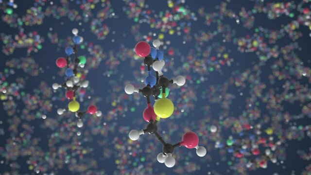 Molecule of emtricitabine. Molecular model, looping seamless 3d animation