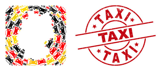 Germany geographic map mosaic in Germany flag official colors - red, yellow, black, and Taxi red circle stamp imitation. Taxi stamp uses vector lines and arcs.