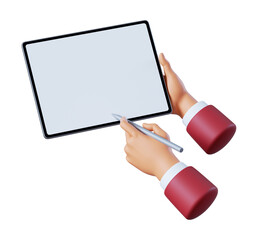 3d render, human hands hold abstract digital device with blank screen, digital pen and pad. Drawing or writing, signing the agreement. Business icon, clip art isolated on white background
