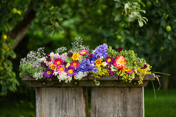 Fototapeta na wymiar Real colorful seasonal summer flowers on wooden background.