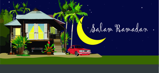 'Salam Ramadan' which means Fasting Day of Celebration vector illustration with traditional malay village house / Kampung background. - obrazy, fototapety, plakaty
