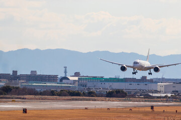 空港の滑走路に着陸する飛行機