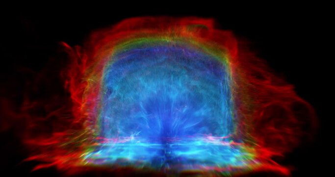Abstract rainbow colored portal exploring with particles.  a burst of particles flowing like smoke. 3D rendering.