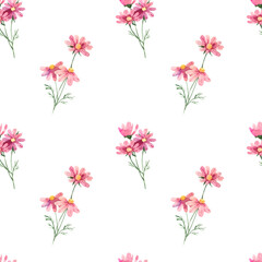 Pink cosmos flowers seamless pattern for fabric, wrapping paper and wallpaper