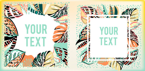 Summer square vector design with exotic monstera leaves with space for text. Sale offer template, flyer background banner. Tropical background