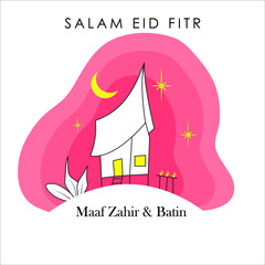 Salam Eid Fitr or Eid Mubarak greeting with gradient flat magenta color background of traditional malay kampung house, yellow moon and stars and traditional bamboo lamp - 432253954