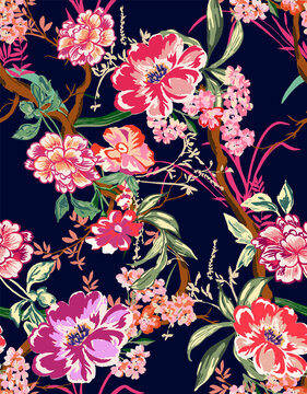 colorful asian style floral pattern. navy blue background