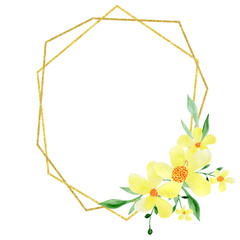 Watercolor yellow flowers in a gold frame. Wedding invitations. Greeting cards. Wildflowers.