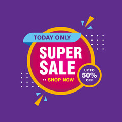 Simple Flat Colorful Super Sale Banner on Circle Shape Isolated on Purple Background Design, Super Sale Element Template Vector for Advertising, Social Media, Web Banner