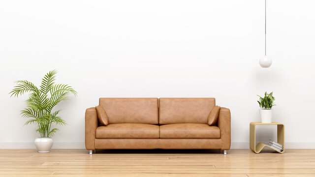 Modern living room interior with Leather sofa and empty white wall as a background.