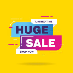 Simple Flat Colorful Huge Sale Banner with Purple and Blue Color Isolated on Yellow Background Design, Huge Sale Element Template Vector for Advertising, Social Media, Web Banner
