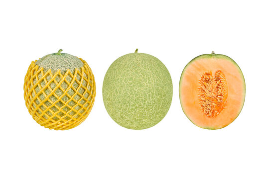 Rock melon fruit in yellow shockproof  and Rock Melon Cut in Half isolated on white background,clipping path included.