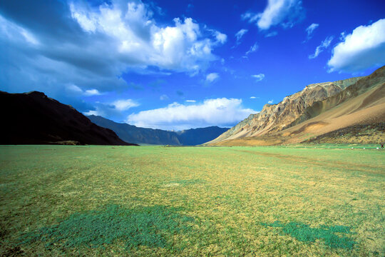 A green field valley on the way to Leh, in the great himalayas in India with a blue and cloudy sky
