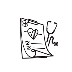 hand drawn doodle clipboard and stethoscope symbol for medical check up illustration vector isolated