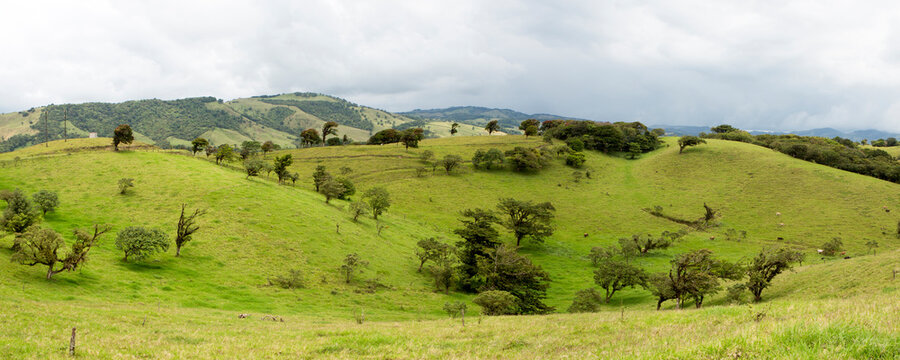 Panorama of View over the green hills in Monteverde with cloudy sky, Costa Rica