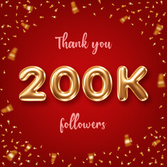 Thank you followers. Social media achievement poster with golden 3d numbers and confetti on red background
