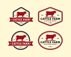 Obraz premium Set of cattle farm logo template design. Vintage black angus badge vector.
