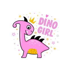 Cute cartoon pink and golden colored dino kid princess character with crown and Dino Girl inscription for children fashion print designs