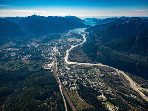 Stock aerial photo of Squamish and surrounding mountains, Canada