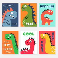 Set of bright colorful vector illustrations with funny friendly smiling cartoon dino characters for t shirt and posters and other printed designs
