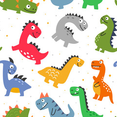 Seamless pattern with funny cheerful cartoon dinosaurs