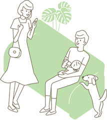 外出する妻と育児をする夫。ベクターイラスト