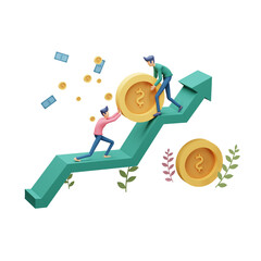 3d render illustration of business investment concept. dollar pile coin, tiny people, money object. graphic chart increase. Financial growth rising up to success