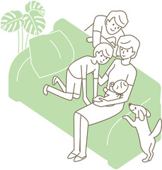 ソファで赤ちゃんを囲む家族。ベクターイラスト