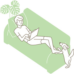 ソファで寝そべってノートパソコンを使う男性。　ベクターイラスト