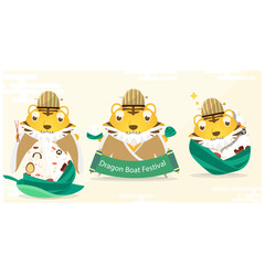 Tiger wearing Chinese costume celebrates Dragon Boat Festival collection premium vector