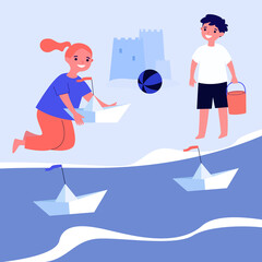 Little kids playing with paper ships. Sea, beach, toy flat vector illustration. Entertainment and summer vacation concept for banner, website design or landing web page