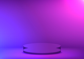 Circle purple podium, decoration with a light effect colorful design on purple background. Stage empty for decor product, advertising, show, award, winner. Halloween concept. Vector illustration.