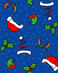 Father Christmas Santa hat repeat design with reindeer antlers, snow, elf hat and holly. Multidirectional pyjama textile design.