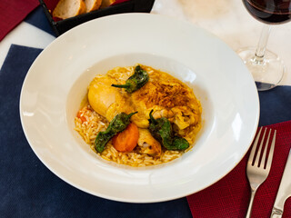 Traditional French cuisine, chicken thigh curry with rice. High quality photo