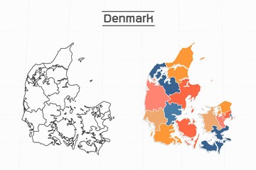 Denmark map city vector divided by colorful outline simplicity style. Have 2 versions, black thin line version and colorful version. Both map were on the white background.