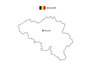 Obraz premium Hand draw thin black line vector of Belgium Map with capital city Brussels on white background.