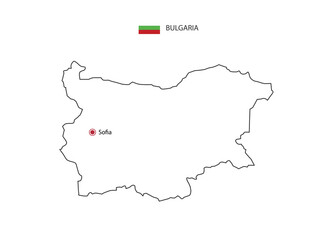 Hand draw thin black line vector of Bulgaria Map with capital city Sofia on white background.