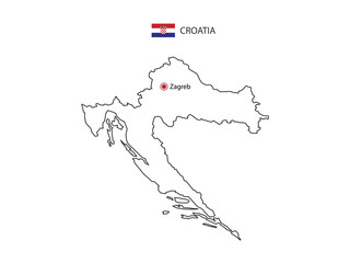 Hand draw thin black line vector of Croatia Map with capital city Zagreb on white background.
