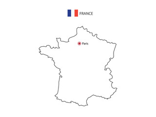 Hand draw thin black line vector of France Map with capital city Paris on white background.