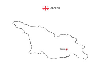 Hand draw thin black line vector of Georgia Map with capital city Tbilisi on white background.