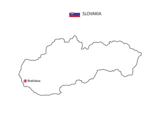 Hand draw thin black line vector of Slovakia Map with capital city Bratislava on white background.