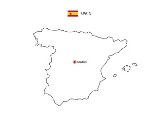 Hand draw thin black line vector of Spain Map with capital city Madrid on white background.