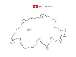 Hand draw thin black line vector of Switzerland Map with capital city Bern on white background.