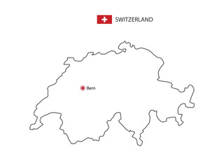 Fototapeta premium Hand draw thin black line vector of Switzerland Map with capital city Bern on white background.