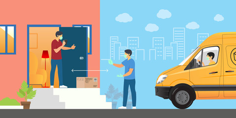 Online Delivery Order Driver Wearing Mask, Gloves and Come with Van to Deliver Carton Boxes to Buyer by Keeping Distance for Safety Social Distancing to Protect Coronavirus Covid-19 for Customer