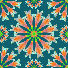 Fototapeta na wymiar Seamless pattern for continuous replicate. Floral background, photo collage for production of textile, cotton fabric. For use in wallpaper, covers. Mandala drawing in oriental style