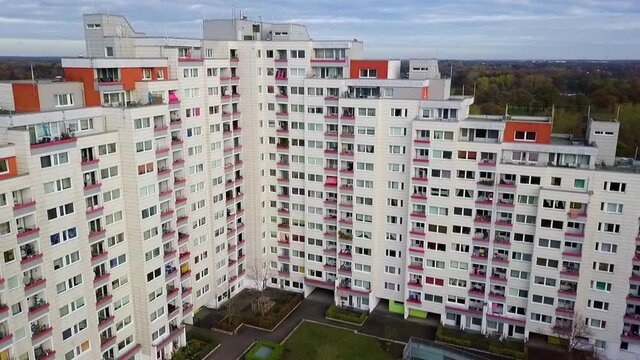 Office And Apartment Block At Housing Estate By Company Of Osterholz-Tenever In Bremen, Germany. - aerial, pullback