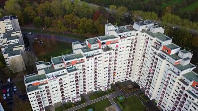 Aerial View Of Apartment Blocks On Housing Estate By Osterholz-Tenever In Bremen, Germany.